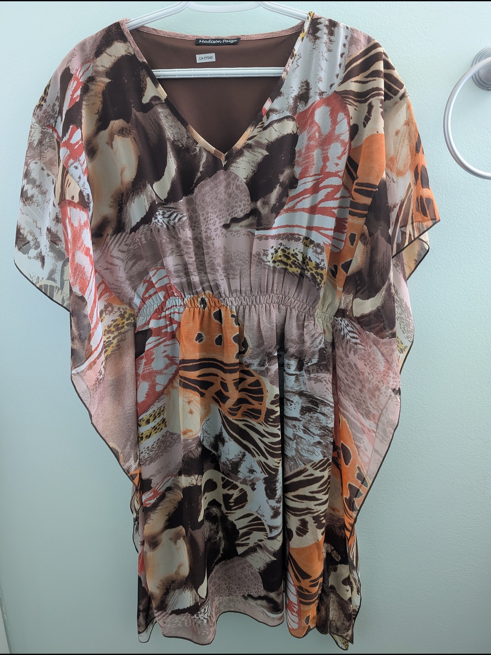 Sheer V-Neck Swim Coverup in Brown & Orange Print